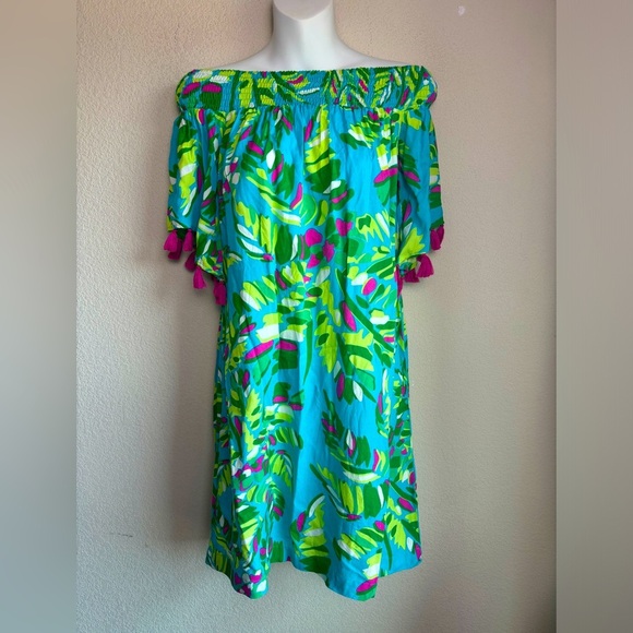 escapada Dresses & Skirts - NWT Escapada Living Multi Tropical Tasseled Off The Shoulder Kaftan Dress XS